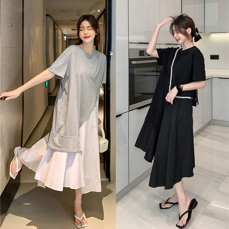(40-150kg) Đầm Dài Dáng Rộng Tay Ngắn Mỏng Không Đối Xứng Giả Hai Mảnh Kích Thước Tây Tạng Cho Nữ