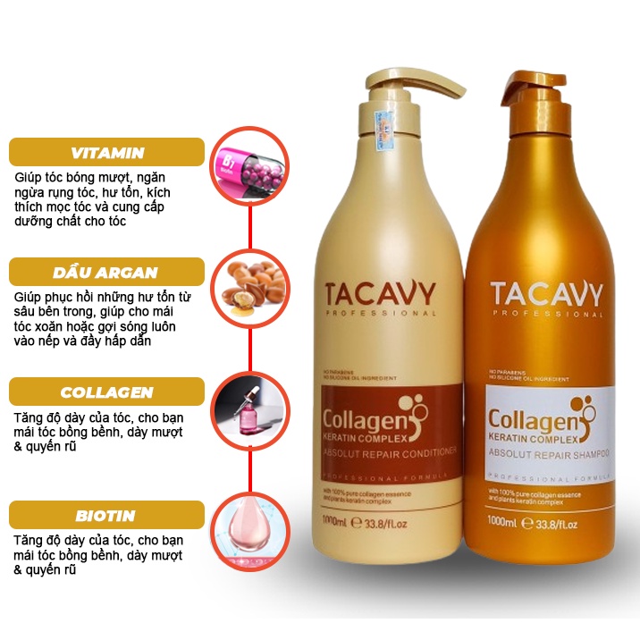 Cặp Dầu Gội Xả TACAVY Collagen 1000ML - PHỤC HỒI HƯ TỔN, KHÔ XƠ GÃY RỤNG Lamyra