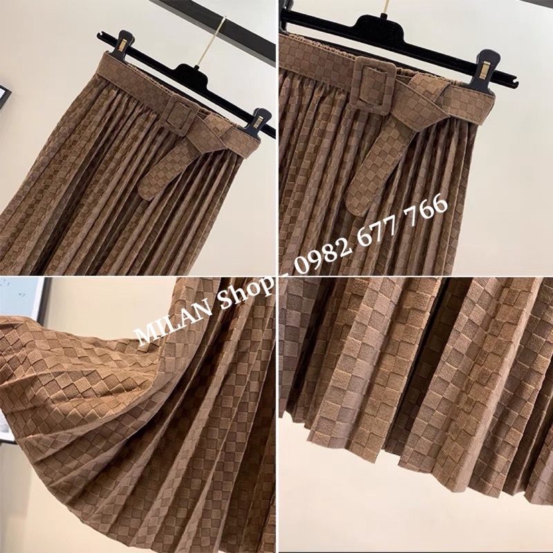 Chân váy nhung xếp ly dập ô kèm đai sang sịn