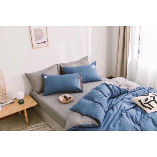 BỘ CHĂN GA GỐI COTTON TICI CAO CẤP ( CHĂN ĐÃ TRẦN BÔNG) MÀU XANH DƯƠNG XÁM - ĐỦ KÍCH THƯỚC