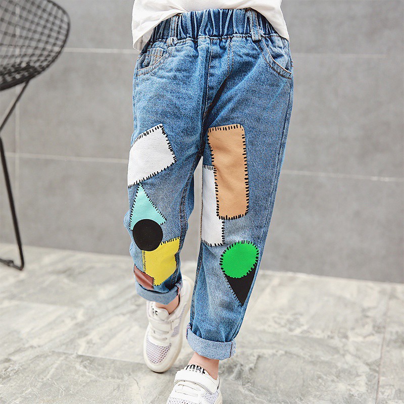 Quần jeans denim ống suông chấp vá sành điệu cho bé gái