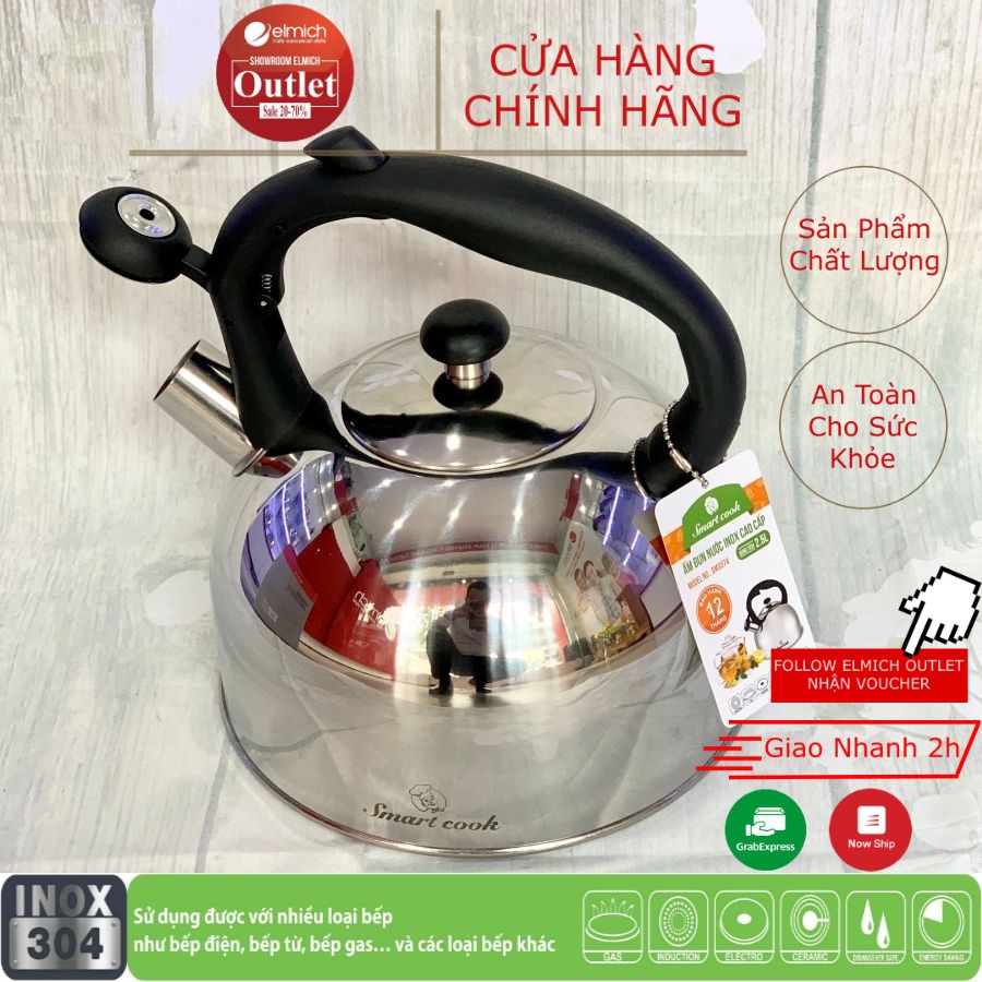 Ấm Siêu Tốc Đun Từ Inox 304 3 Lớp Đáy Từ Smartcook EL3374 2.5L