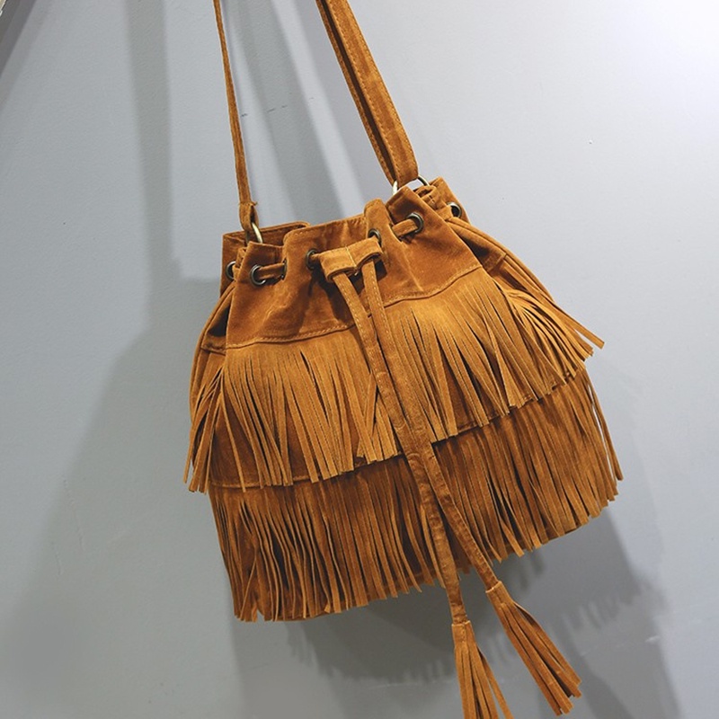 IELGY Túi Xách Rút Dây Đeo Chéo Mềm Mại Phối Tua Rua Thời Trang Cho Nữ