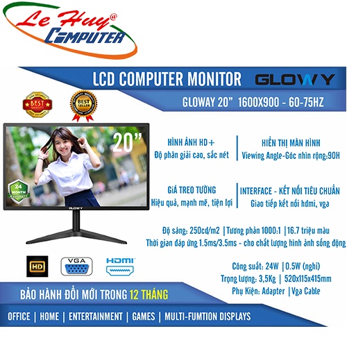 Màn hình máy tính GLOWY GL20 20Inch (1600x900) VGAHDMI