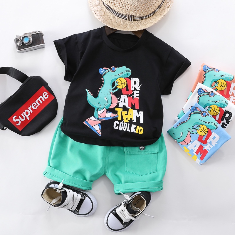 Boy phù hợp với bé quần áo cậu bé 0-4 tuổi mẫu boy phim hoạt hình khủng long T-shirt + quần short 2 mảnh bộ