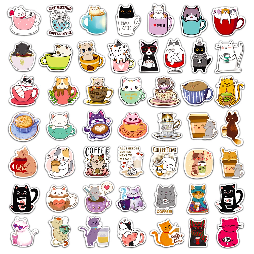 Bộ 50 Miếng Dán Chống Thấm Nước Hình Mèo Và Cà Phê Dùng Trang Trí Nón Bảo Hiểm, Điện