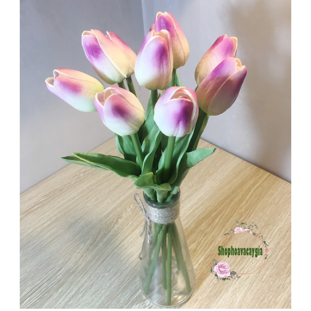 Hoa giả-Com bô 10 bông hoa tulip cao cấp lá xoăn+lọ thủy tinh tam giác trang trí nhà cửa, bàn làm việc, kệ sách