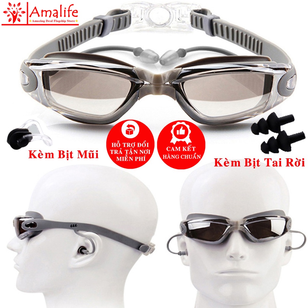 Kính Bơi Tráng Bạc Chống Tia UV Cao Cấp Có Bịt Tai Gắn Liền - Chọn Màu – Chống Nước Tặng Kèm Bịt Mũi, Kèm Bịt Tai Rời