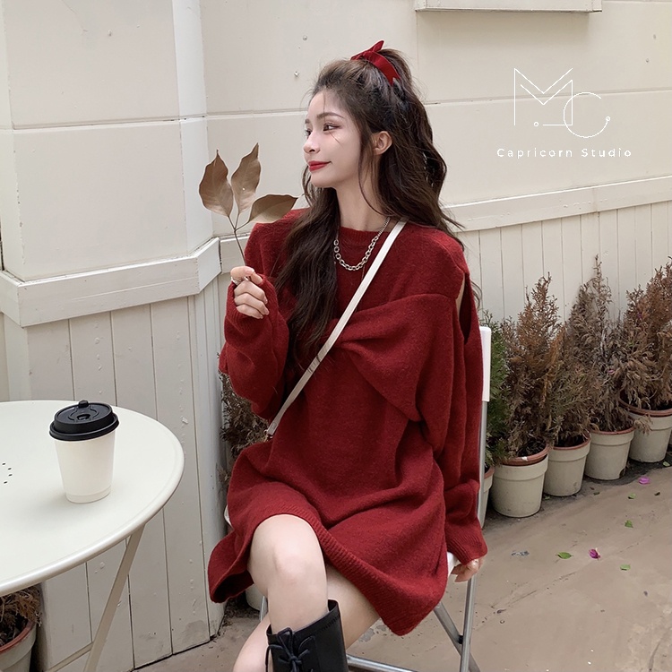 Áo len dài mùa thu đông thiết kế kiểu Pháp với nơ quây xinh xắn, khoét vai sexy