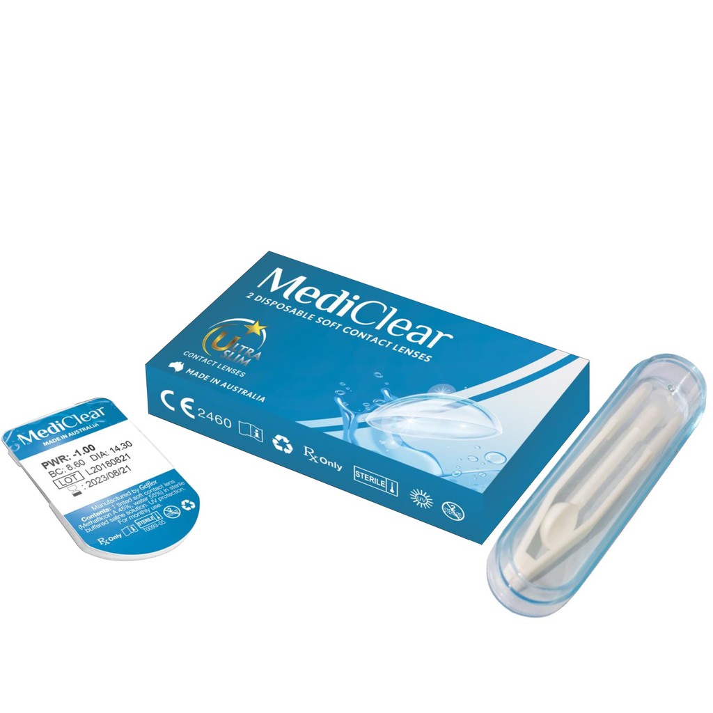 [Một Miếng] Kính Áp Tròng Úc cận thị Không Màu Mediclear 3 Tháng + Nhíp Đeo Lens (Độ Cận Từ 1 - 10 Độ)