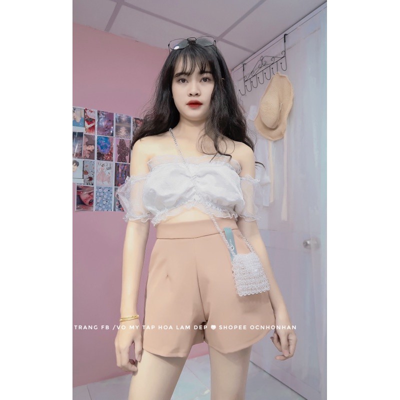 set áo bẹt vai voan nhún phối quần short