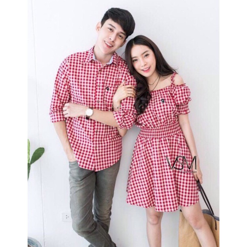 Váy áo đôi sơ mi nam nữ sọc caro thắt eo, Đồ đôi nam nữ đẹp đi tiệc, đi chơi, đi biển, chụp hình cưới