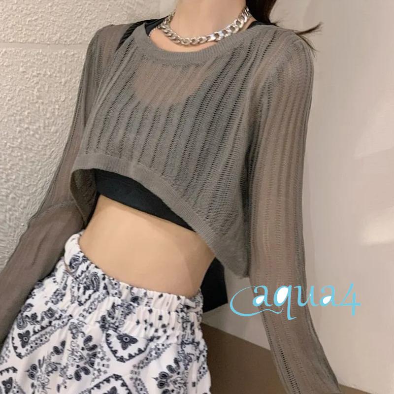 Áo Croptop Dệt Kim Tay Dài Cổ Tròn Màu Trơn Thời Trang Đi Biển Mùa Hè