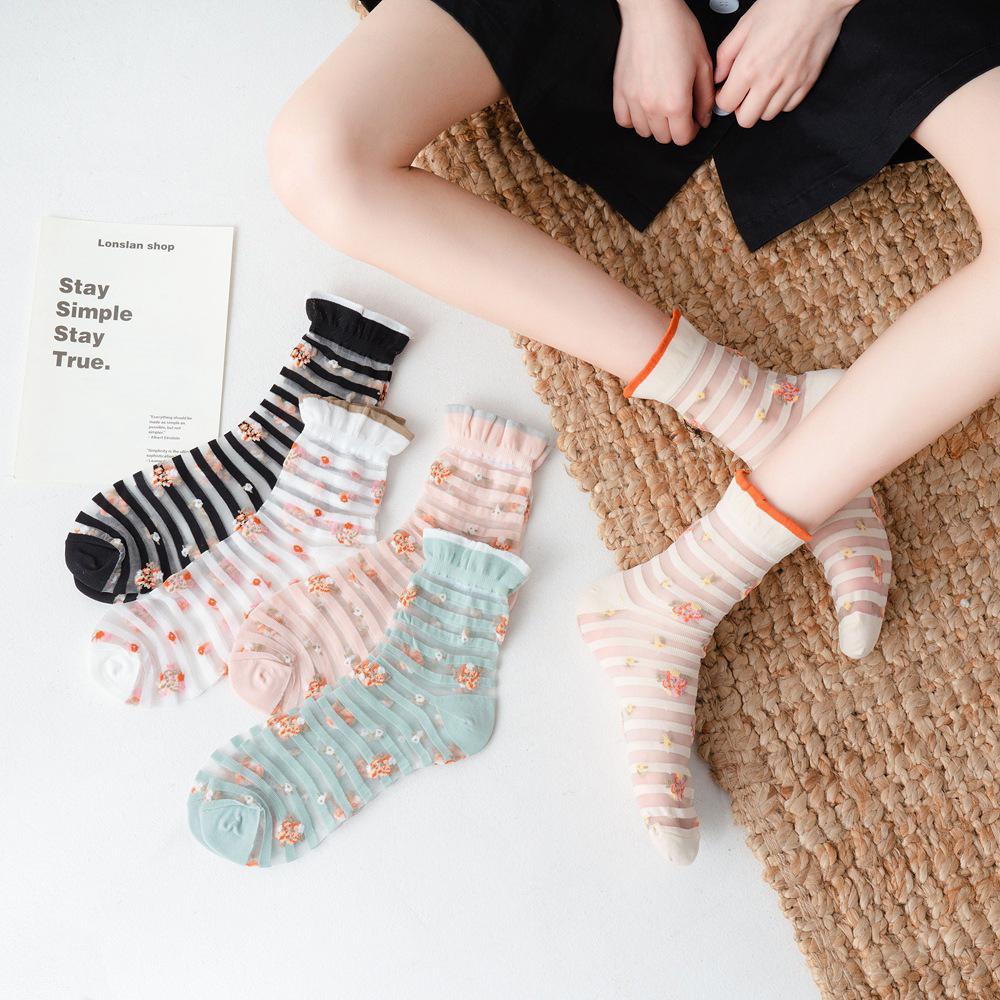 QQMALL Vớ Hoa Trong Suốt Thoáng Khí Phối Bèo Phong Cách Hàn Quốc Ngọt Ngào Cho Nữ