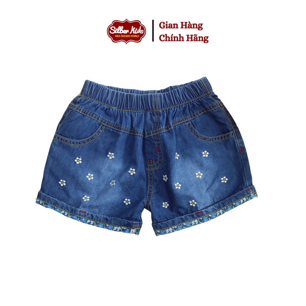 [Mã BMBAU50 giảm 7% đơn 99K] Quần Short Jean Bé Gái Thêu Hoa Nhí Gập Gấu SILBERKIDS