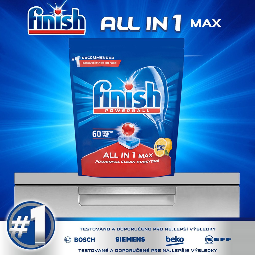 Túi 60 viên rửa chén Finish All In 1 Max Dishwasher Tablets Lemon Sparkle QT04585 - hương chanh, Viên nén rửa chén bát