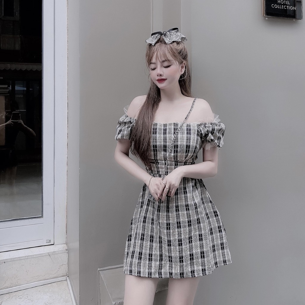 Váy Đầm kẻ caro trễ vai -mã A009-Thời trang thiết kế | BigBuy360 - bigbuy360.vn