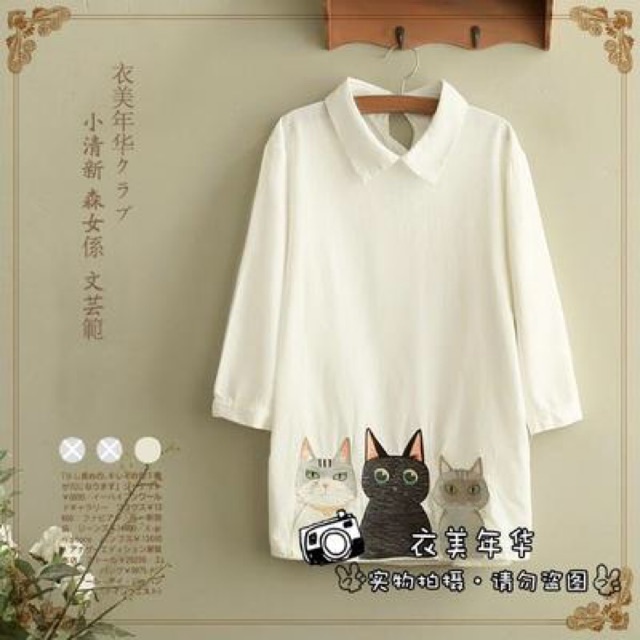 Áo nữ thêu hình mèo vintage mori girl