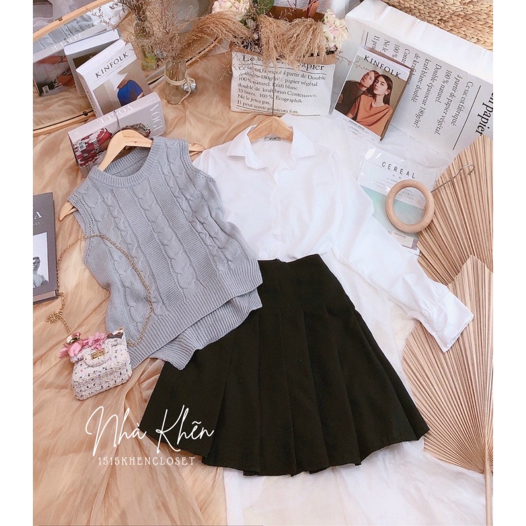 Set 3 món len áo ghile + sơ mi + chân váy đen xếp li