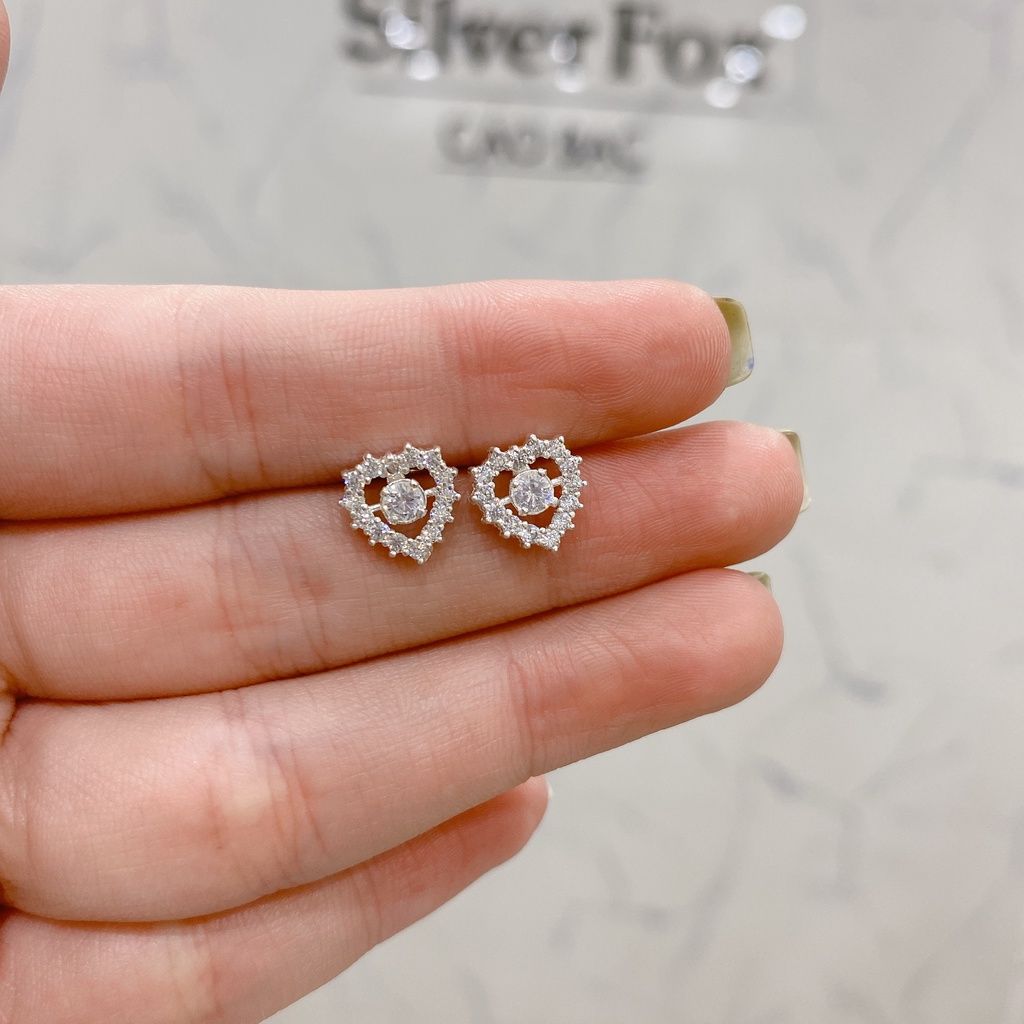 Khuyên Tai Bạc Ta Nữ CaoBac Silver Hình Tim Đá Nhọn Ổ Đá Giữa Lấp Lánh, Thanh Lịch Xinh Xắn Dành Cho Bạn Gái