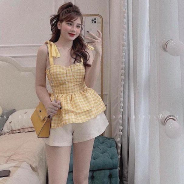 [HÀNG CHUẨN LOẠI I] Áo 2 Dây Kẻ Vàng Buộc Nơ Dáng Peplum Có Ảnh Thật