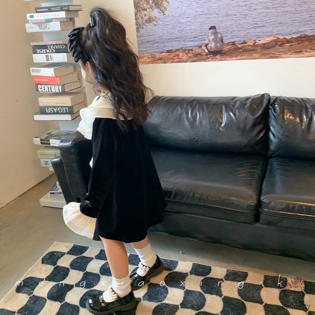 Đầm Nhung Cổ Bèo Phong Cách Chic Hàn Quốc Xinh Xắn Cho Bé Gái