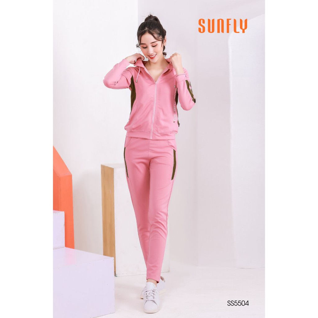 SS5504 Bộ mặc nhà nữ dáng thể thao SUNFLY chất umi kéo khóa có mũ