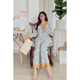 size L  bộ mặc nhà bộ pizama lụa mango tay dài quần dài
