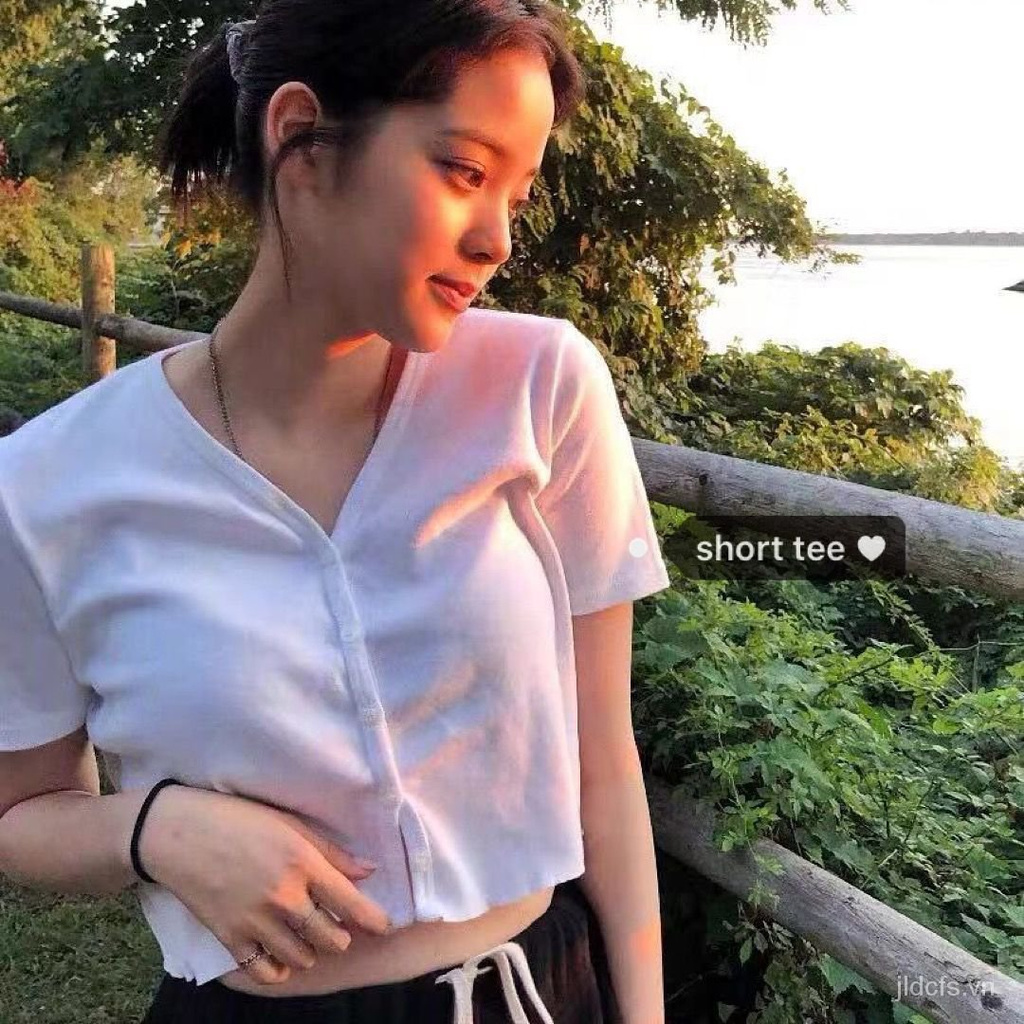 Summer Korean Version ofchichfAll-match Casual Loose Slimming Navel Short StyleVCollar Cardigan Short-SleeveTT-shirt Top Women's