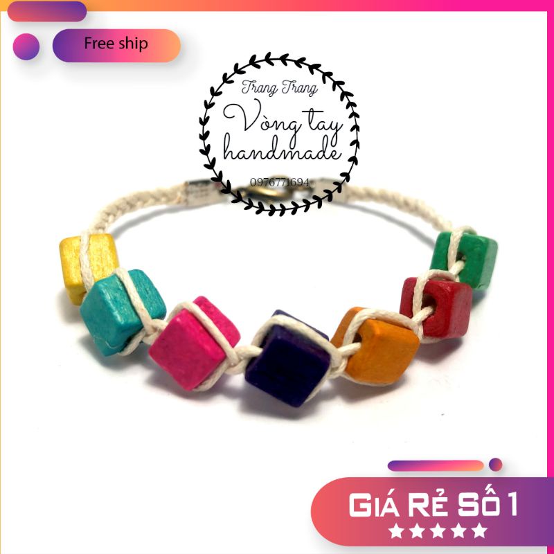 Vòng tay,vòng tay dây đan,hạt gỗ xinh tết 7 hạt vuông
