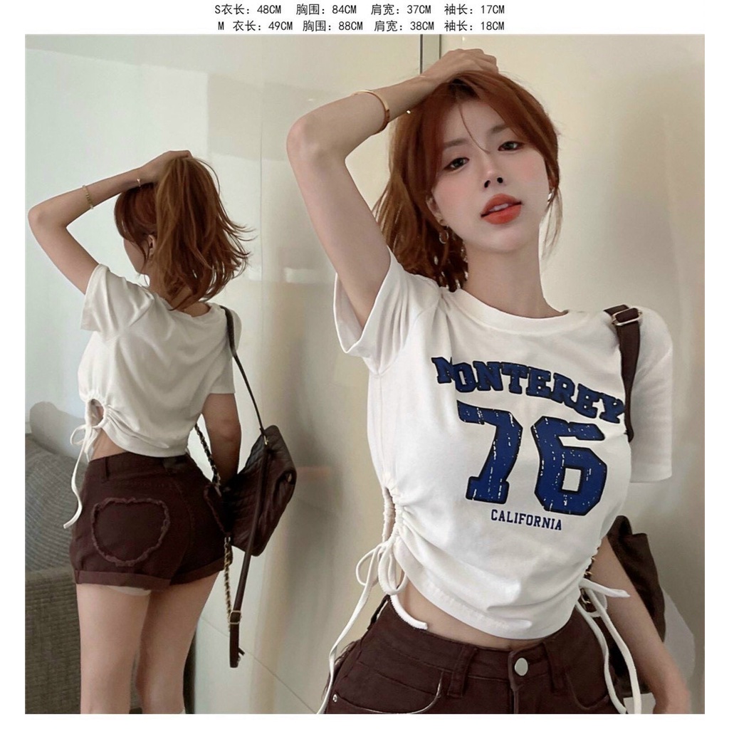 ÁO CROPTOP KIỂU LỬNG NỮ CỔ TRÒN NGẮN TAY IN 76 KHOÉT TRÒN 2 HÔNG PHỐI DÂY RÚT MÀU TRẮNG MÀU ĐEN SIÊU NGẦU CỰC CÁ TÍNH