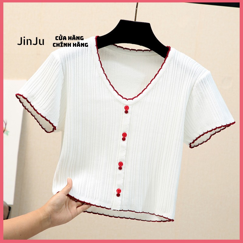 Áo croptop nữ, áo croptop kiểu dáng ôm hàn quốc tay ngắn chất len tăm co dãn one size-JinJu