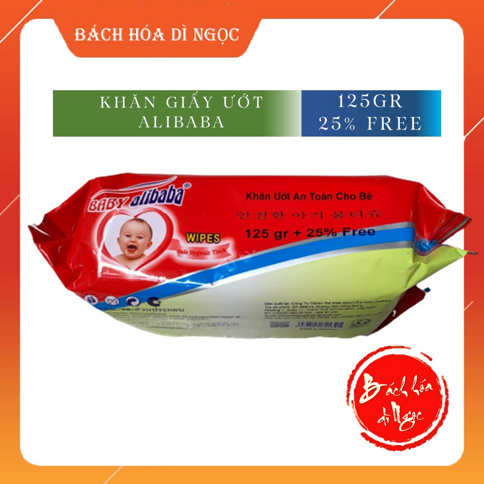 Khăn ướt ALIBABA 125 GR (FREE 25%) [Mua 10 có quà] - không mùi, không cồn, an toàn và dịu nhẹ với làn da bé