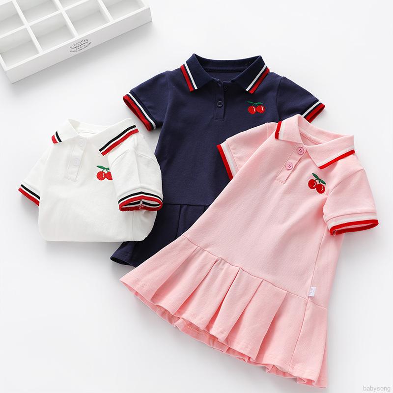 Đầm thun polo tay ngắn in hình quả cherry cho bé gái
