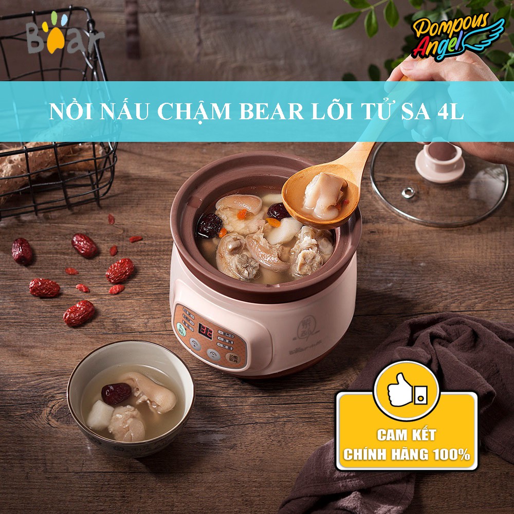 [Chính hãng] Nồi nấu chậm, hầm chậm nấu cháo cách thủy, chưng yến, kho cá BEAR DDZ-D40N6 4L gốm tử sa cao cấp chính hãng