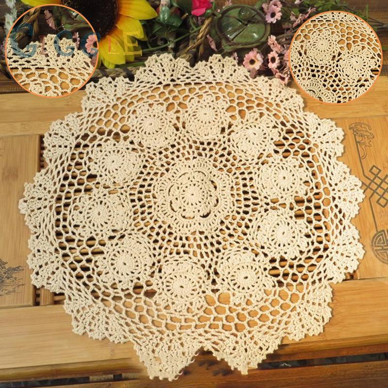 Khăn trải bàn hình tròn khoét lỗ hình hoa bằng cotton đường kính 40cm