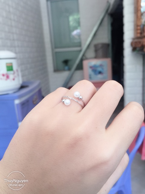 Nhẫn mảnh quấn 3 vòng 2 đầu Ngọc trai nhân tạo bạc thật mạ vàng trắng chuẩn