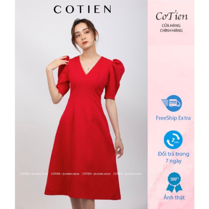Váy Đầm Thiết Kế COTIEN tay bồng, dáng xòe dài, Công sở, Dự tiệc, Thanh lịch, Sang trọng, màu Đỏ - VIDEO/ẢNH THẬT