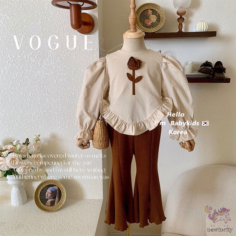 Bộ Áo Sơ Mi Họa Tiết Hoa + Quần Dệt Kim Lưng Cao Thời Trang Mùa Thu Hàn Quốc Cho Bé Gái