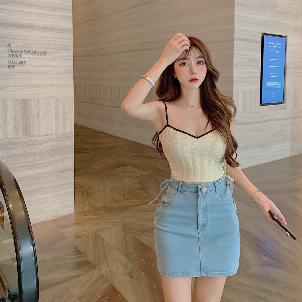 DUNEA Chân váy jean Lưng Cao Thắt Nơ Xinh Xắn Cho Nữ