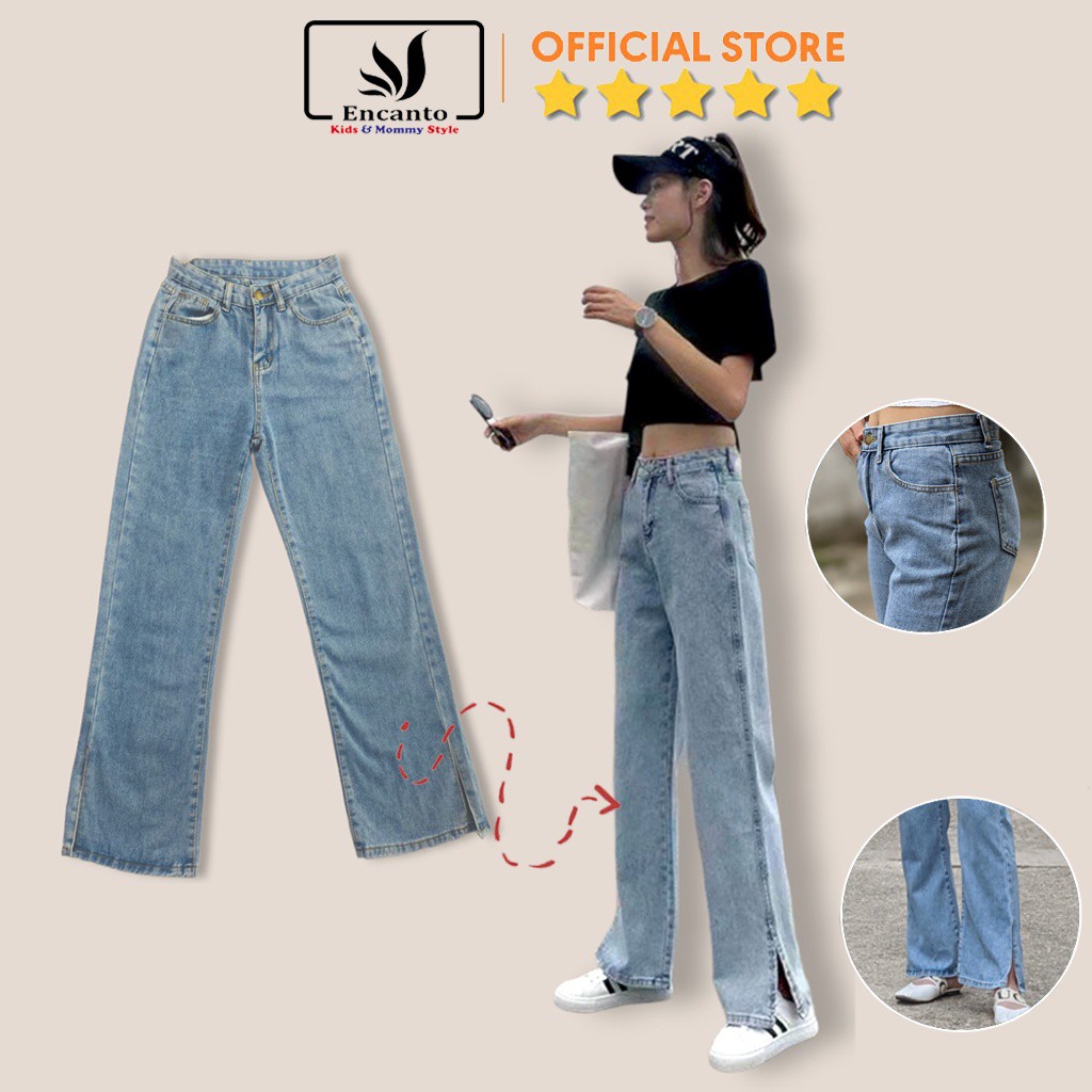 Quần bò nữ xuông ulzzang jean ống rộng form basic cạp cao họa tiết trơn dễ phối đồ có bigsize Encanto - Hàng mới về
