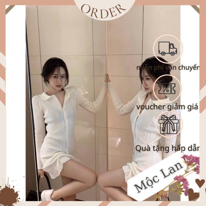 (MộcLan ORDER) Váy polo body tay dài màu trắng dệt kim phong cách Hàn Quốc 2021 AH1021 | BigBuy360 - bigbuy360.vn