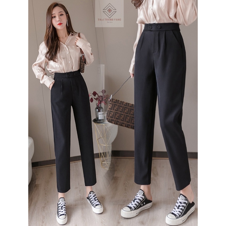 Quần tây nữ công sở lưng cao dáng dài 2 nút khuy bấm cúc lệch màu đen vải mềm ống đứng Quần tây baggy nữ công sở cạp cao