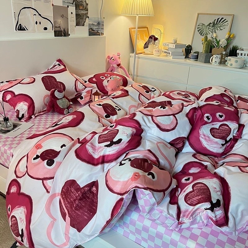 Set vỏ chăn ga gối ( có vỏ ôm) cotton poly nhập khẩu gấu đỏ, vải mềm đẹp