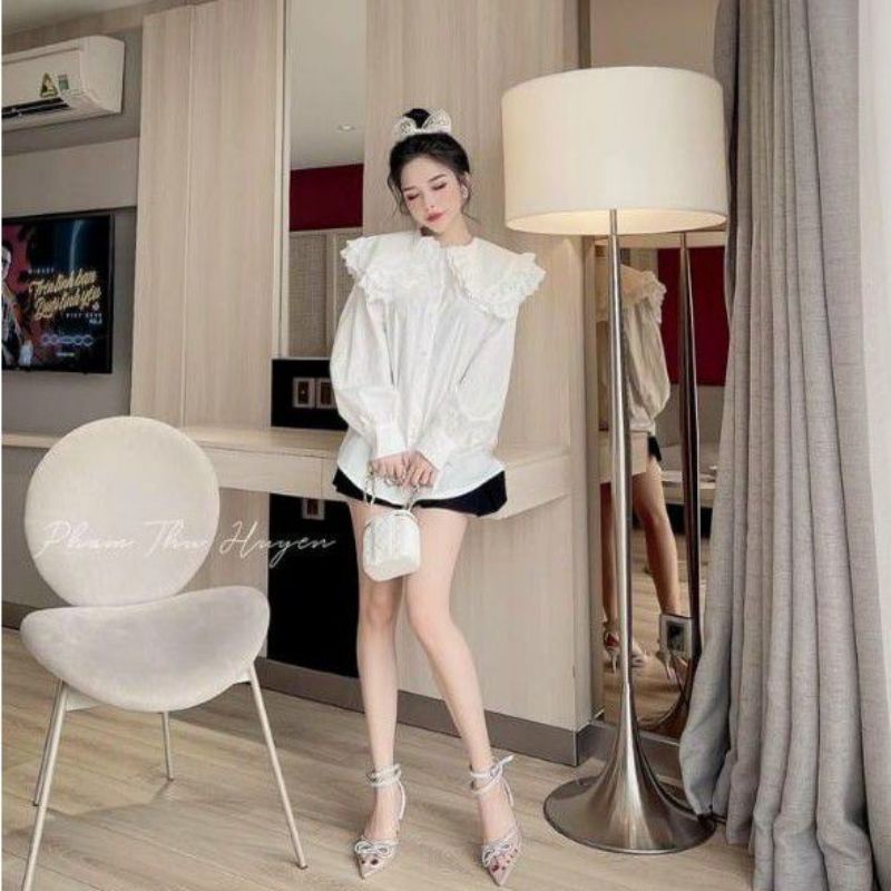 Áo sơ mi viền bèo cổ sen vải dầy đẹp UNG.Atk