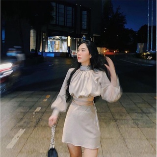 Set croptop lụa cổ cao nhún tay dài bo eo + Chân váy lụa