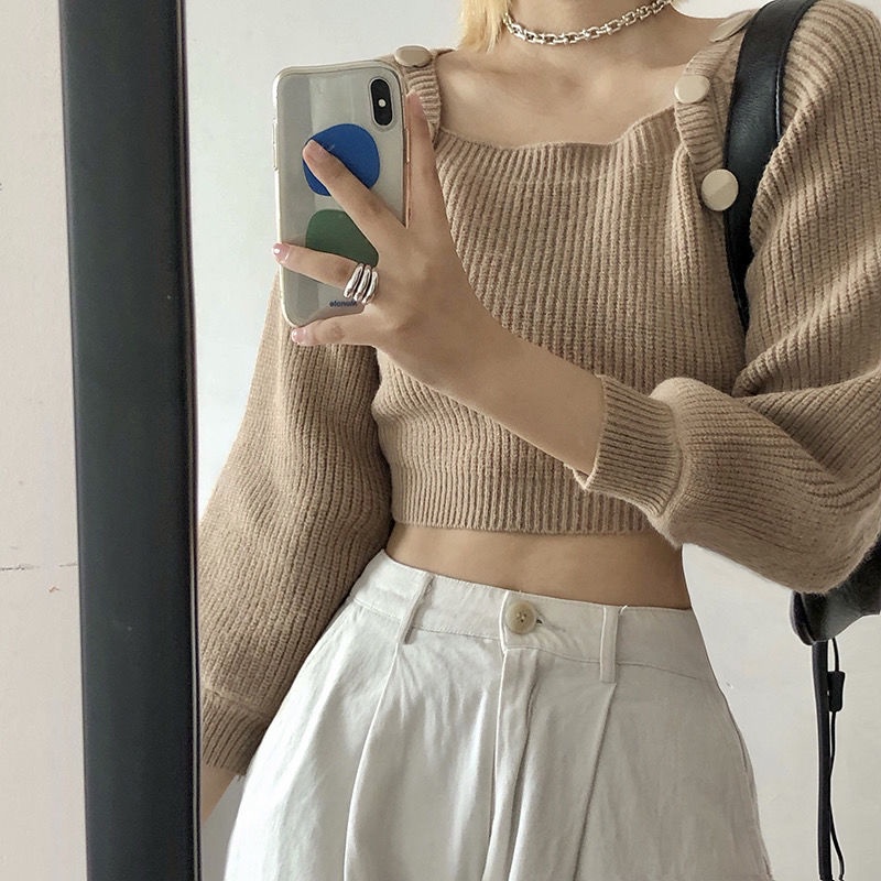 Áo len tay dài cổ vuông phong cách Hàn Quốc thời trang cho nữ