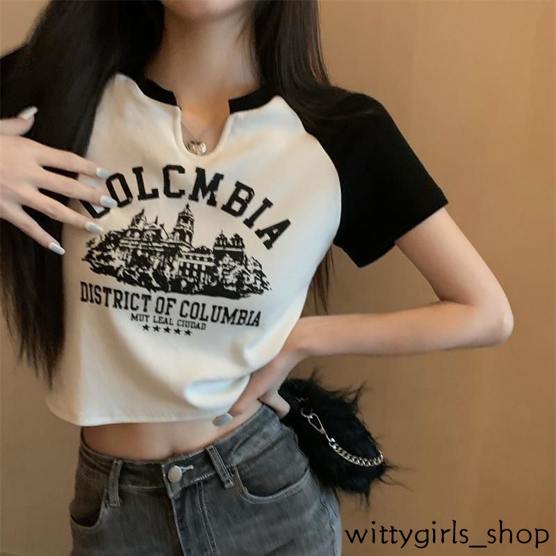 Wittygirls-áo Thun Ngắn Tay Thời Trang Mùa Hè Màu Trơn Phong Cách Mỹ Ngọt Ngào