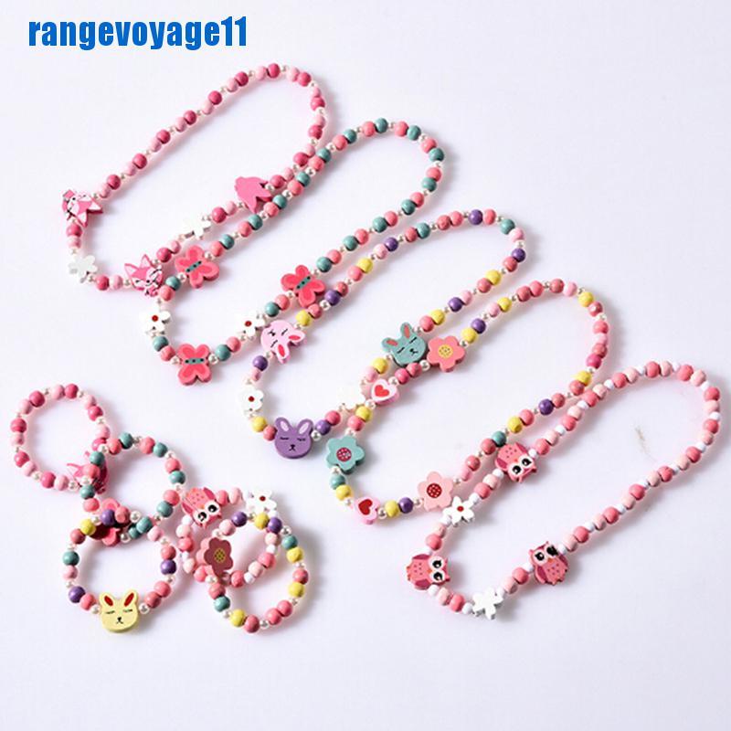 1 Bộ Vòng Cổ Chuỗi Hạt Gỗ Hình Hoạt Hình Dễ Thương Cho Bé Gái
