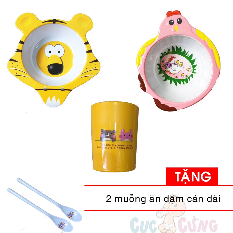 Bộ chén ăn hình cọp + 1 Tô cho bé tập ăn hình gà bằng nhựa - 37 + ly uống nước in hình Tặng 2 muỗng cán dài cho bé